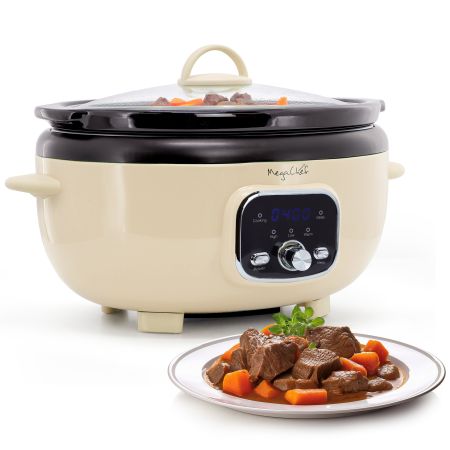 MegaChef 6.9 Quart Oval Electric Digital Slow Cooker in Cream with Black Pot