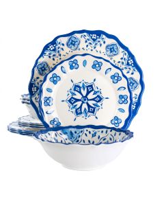 Elama Blue Garden 12 Piece Scalloped Lightweight Melamine Dinnerware Set in Blue